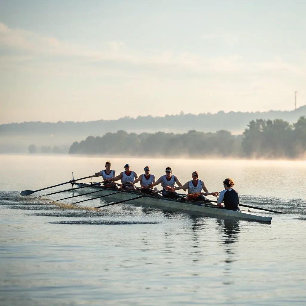 Team of rowers on water during training