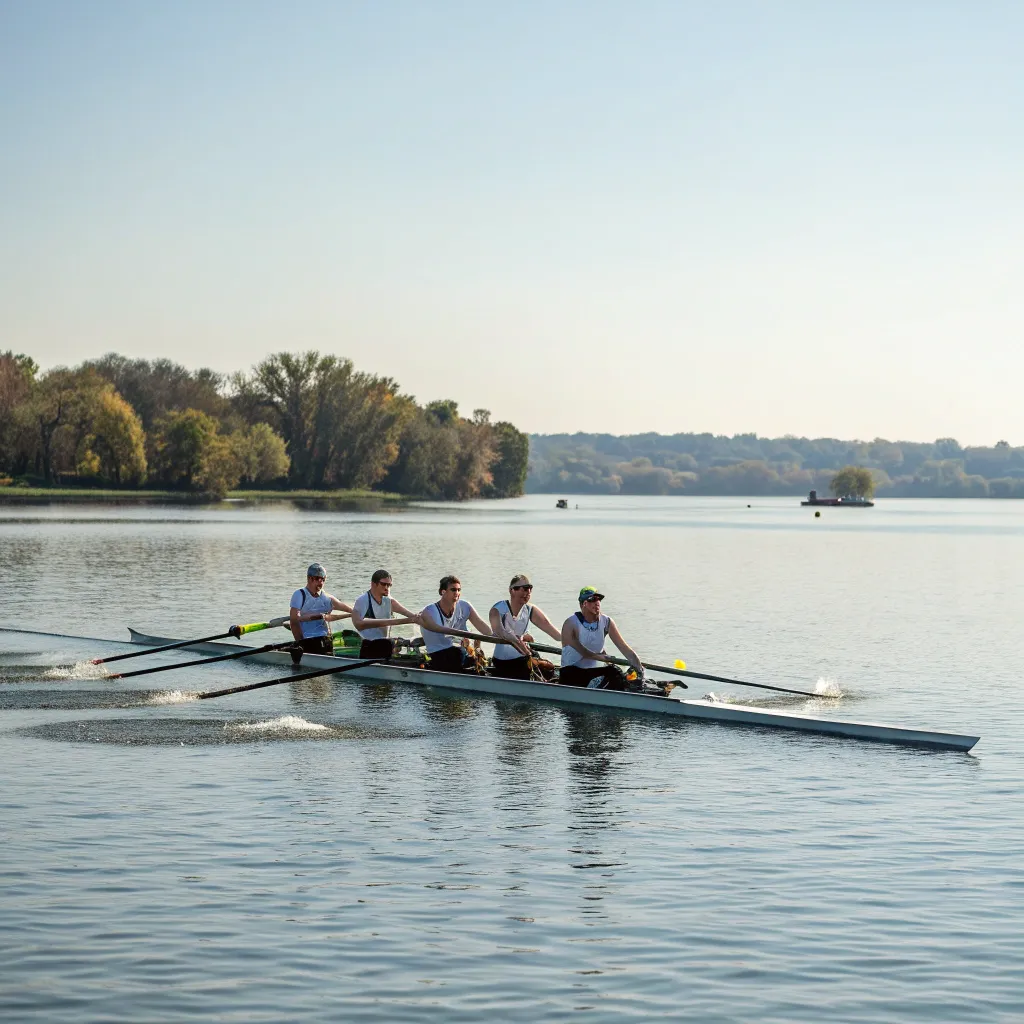 A professional rowing team practicing on Lake Harmon